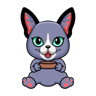 Elinde yemek kasesi olan sevimli Rus mavi kedi çizgi filminin temsilcisi.