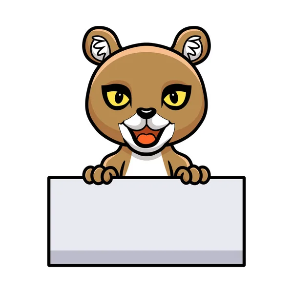 Illustration Vectorielle Mignon Petit Puma Cougar Dessin Animé Tenant Signe — Image vectorielle
