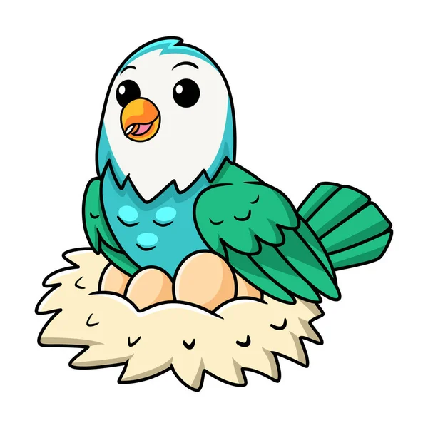 Illustrazione Vettoriale Carino Blu Turchese Uccello Cartone Animato Con Uova — Vettoriale Stock