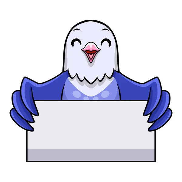 Vektorová Ilustrace Roztomilé Fialové Lásky Pták Kreslený Drží Prázdný Znak — Stockový vektor