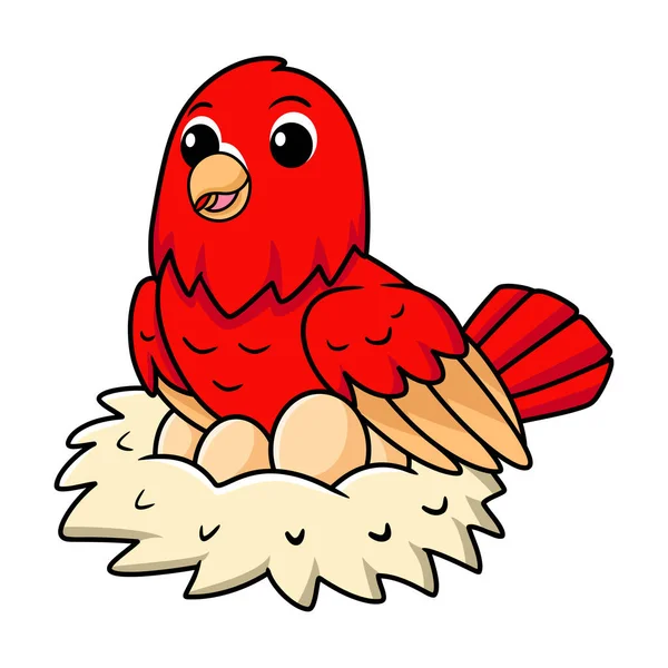 ベクトル図のかわいい赤い窒息愛鳥漫画とともに卵で巣 — ストックベクタ