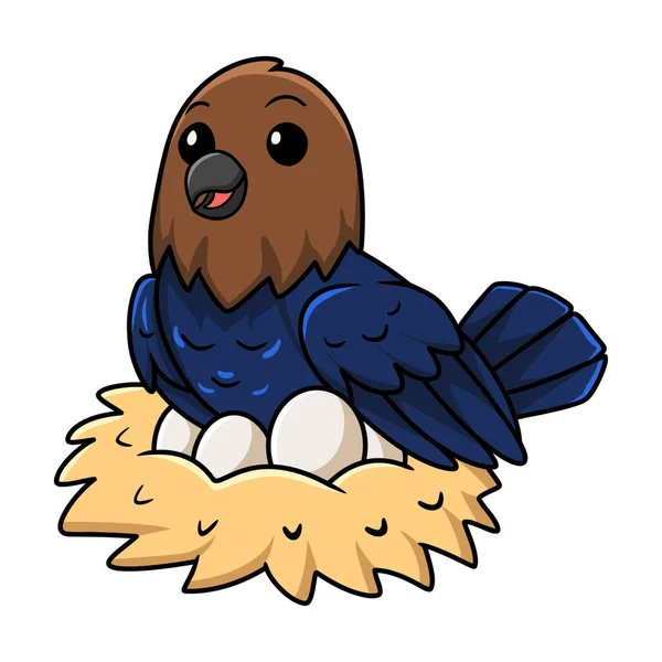 Vector Illustration Cute Brown Headed Cowbird Cartoon Eggs Nest — Stock Vector