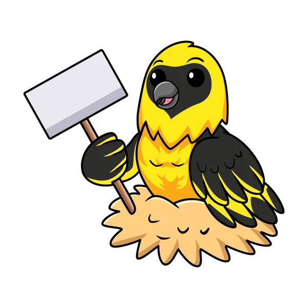 Vektorová Ilustrace Roztomilého Tkalcovského Ptáka Kreslené Drží Prázdný Znak — Stockový vektor