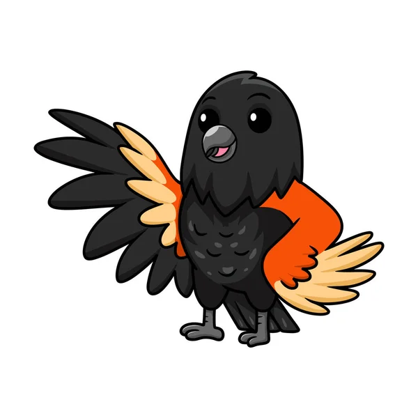 Vektor Illustration Von Niedlichen Roten Geflügelten Schwarzen Vogel Karikatur Winkende — Stockvektor