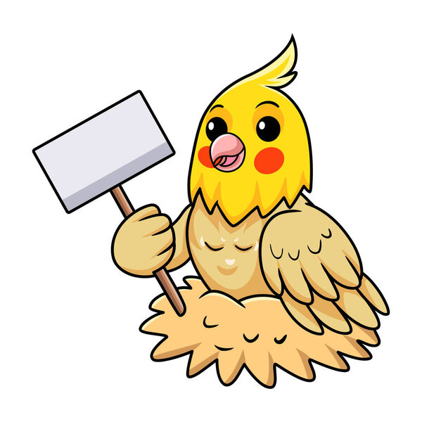 Vector illustration of Cute lutino cockatiel bird cartoon holding blank sign