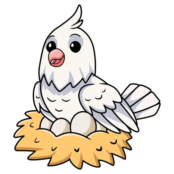 Illustrazione Vettoriale Carino Albino Cockatiel Uccello Cartone Animato Con Uova — Vettoriale Stock