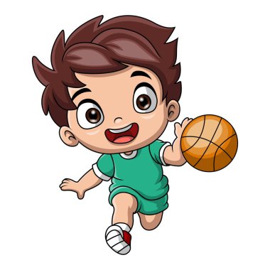 Basketbol oynayan şirin çocuk çizgi filminin vektör çizimi