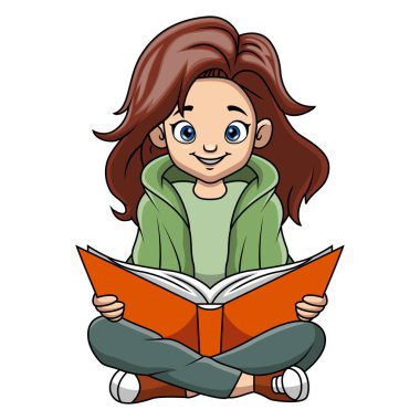 Küçük şirin kız çizgi filminin vektör çizimi oturup kitap okuyor.