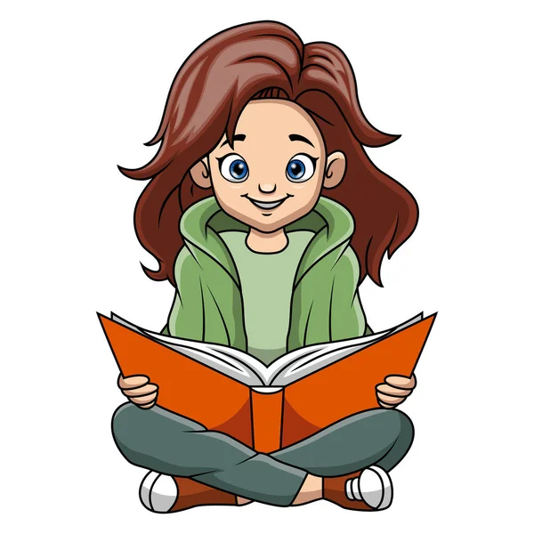 Küçük şirin kız çizgi filminin vektör çizimi oturup kitap okuyor.