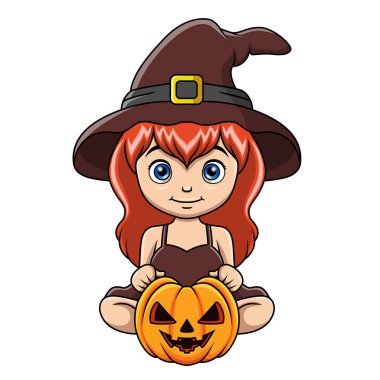 Küçük tatlı cadı kız çizgi filminin vektör çizimi. 