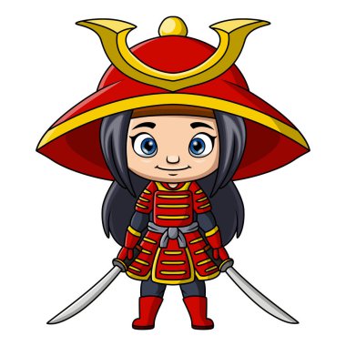 Şirin Japon samuray savaşçı çizgi filminin vektör çizimi.