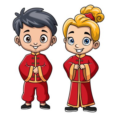 Kostümlü Çin porseleni giyen birkaç çocuk.