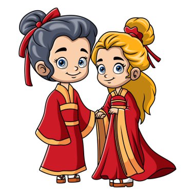 Kostümlü Çin porseleni giyen birkaç çocuk.