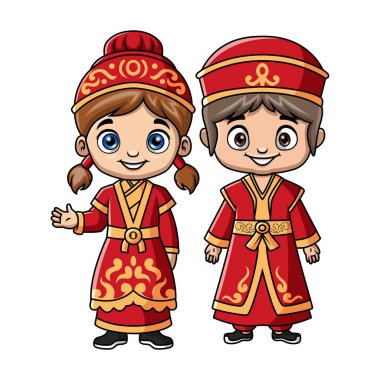 Moğolistan kostümü giyen birkaç çocuk çizgi filmi.