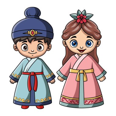 Kore kostümü giymiş birkaç çocuk çizgi filmi.