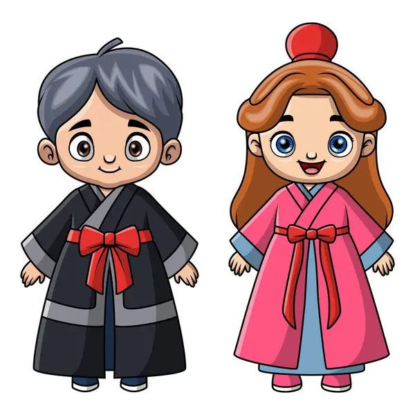 Kore kostümü giymiş birkaç çocuk çizgi filmi.