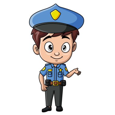Beyaz arka planda sevimli polis çocuk çizgi filmi.