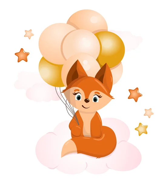 かわいいキツネ かわいい狐の面白いイラスト 風船付きの狐の面白いイラスト ベイビー 星のある雲の上のキツネ ベクターイラスト — ストックベクタ