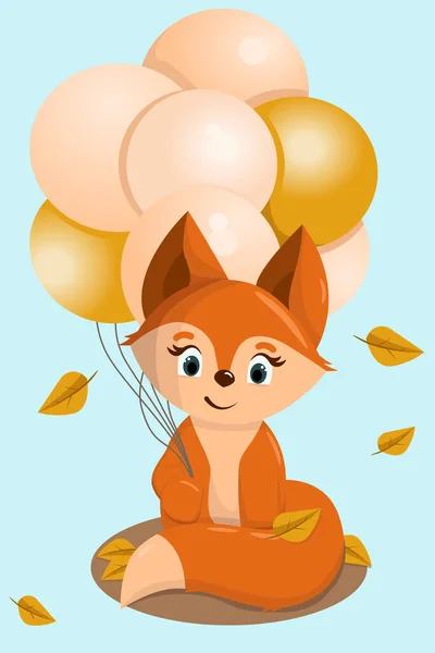 かわいいキツネ かわいい狐の面白いイラスト 風船付きの狐の面白いイラスト ベビーヘア ベクターイラスト — ストックベクタ