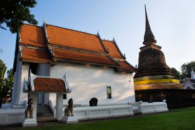 Antik stupa chedi ya da antik harabe Wat Traphang Thong kilisesi Tayland 'daki Sukhothai Tarih Parkı' nda kutsanmış kutsal Buda 'yı ziyaret edin.