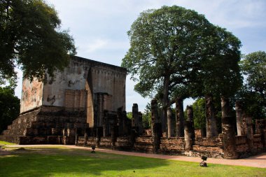 Manzara parkı ve Wat Si Chum Tapınağı 'nın ubosot binası ve Tayland' daki Sukhothai Tarih Parkı 'na seyahat eden yabancı gezginler için antik Buda heykeli.