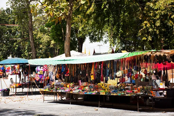 stock image Local market stall hawker fot thai people travelers travel visit shopping food drinks goods products at garden park outdoor in Wat Thap Kradan temple bazaar on November 3, 2022 in Suphan Buri Thailand