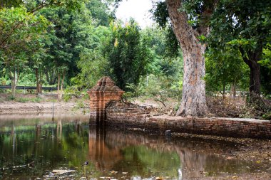 Antik Wat Phu Khao Tangası ya da Phukhao Tanga Tapınağı 'nın dışındaki arkeolojik alan bahçesine bakın. Su taşkınları Phra Nakhon Si Ayutthaya, Tayland kırsal kesimlerini sel basıyor.