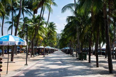 Tayland 'da 8 Kasım 2022' de Chon Buri şehrindeki Bangsaen Sahili 'nde seyahat ve yüzme arasında, Tayland halkı ve yabancı gezginler için yürüyüş yolu dinleniyor.