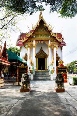 Ancient building ubosot of Wat Phra Si Rattana Mahathat temple for thai people traveler visit and respect praying blessing wish holy mystery worship buddha on December 13, 2022 in Suphan Buri Thailand