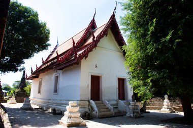 Ancient antique ubosot ordination hall and ruin old chedi stupa for thai people travel visit respect praying blessing wish holy mystery in Wat Choeng Tha pagoda or Koy Tha temple in Ayutthaya Thailand