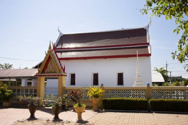 Ancient ubosot ordination hall and antique old church for thai people travelers travel visit respect praying blessing wish holy mystery worship in Wat Toom pagoda or Tum temple in Ayutthaya, Thailand