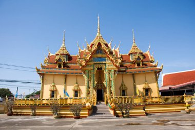 Ancient ubosot ordination hall and antique old church for thai people travelers travel visit praying blessing wish mystery in Wat Toom pagoda or Tum temple on December 30, 2022 in Ayutthaya, Thailand