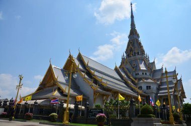 Ancient ubosot ordination hall or antique old church of Wat Sothon Wararam Worawihan or Sothonwararam temple for thai people travelers visit respect praying on June 24, 2011 in Chachoengsao, Thailand