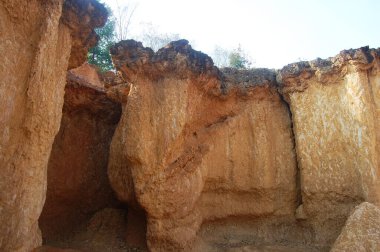 Formation pedestal mushroom rocks of Phae Mueang Phi Forest Park originated from soil landscape and natural erosion of sandstone into various shapes in Phi Pan Nam Range Mountain at Phrae, Thailand