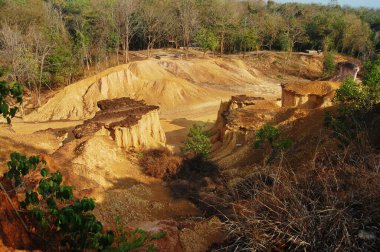 Formation pedestal mushroom rocks of Phae Mueang Phi Forest Park originated from soil landscape and natural erosion of sandstone into various shapes in Phi Pan Nam Range Mountain at Phrae, Thailand