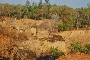 Formation pedestal mushroom rocks of Phae Mueang Phi Forest Park originated from soil landscape and natural erosion of sandstone into various shapes in Phi Pan Nam Range Mountain at Phrae, Thailand