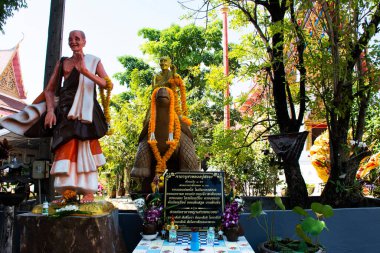 Buddhist saint holy arhat or Buddhism noble monk arahant statue for thai people travelers visit respect praying blessing wish mystery in Wat Palelai temple on January 29, 2023 in Nonthaburi, Thailand