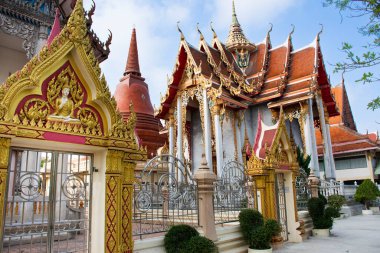 Ancient old ubosot ordination hall and antique stupa ruin chedi for thai people visit respect praying blessing buddha wish holy mystery worship in Wat Tem Rak Samakkhi Temple in Nonthaburi, Thailand