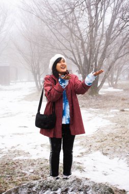 Gezgin Taylandlı kadınlar Jeju Jeju 'daki Hallasan Ulusal Parkı' ndaki Hanla Dağı volkanı ya da Halla Dağı 'ndaki ormanlara düşüp fotoğraf karları için poz verirler.