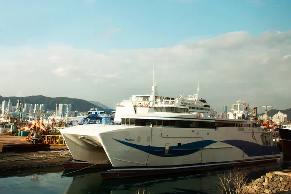 Zobacz Krajobraz Port Busan Budowa Zatoki Portowej Koreańczykami Pracującymi Przy — Zdjęcie stockowe