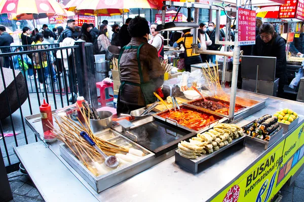 Lokal Hawker Stall Traditionell Koreansk Gourmet Street Food Basar Marknaden — Stockfoto