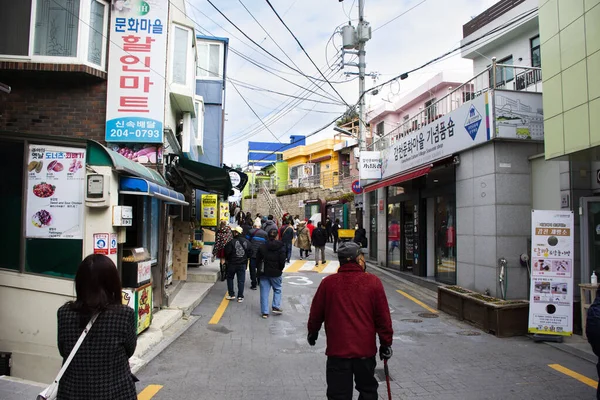 stock image Korean people and foreign travelers journey travel visit and walk explore at Gamcheon Culture Village and colourful terraced house or Santorini of Pusan city on February 18, 2023 in Busan, South Korea