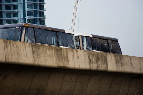 stock image View landscape cityscape of bangkok city and office building tower with BTS skytrain gold line send receive thai passenger people and foreign travelers journey on February 25, 2023 in Bangkok Thailand