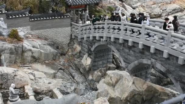 2023年2月18日 プサン または釜山 プサン の慶州 ギジャン ヨングンサ でお釈迦様をお祈りして アンティークの石の橋を渡って歩く韓国人旅行者 — ストック動画