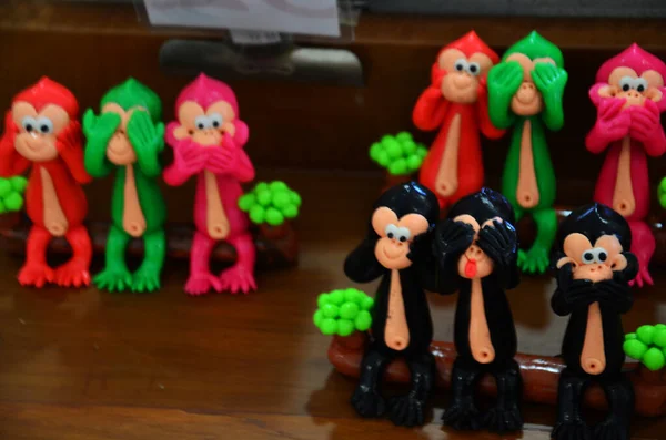 Drie Wijze Apen Speelgoed Poppen Symbool Van Lopburi Stad Voor — Stockfoto