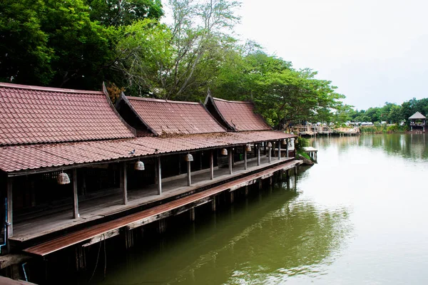 Ancient Antique Wooden Pavilion Rafting Floating Water Pond Outdoor Thai — Stock Photo, Image