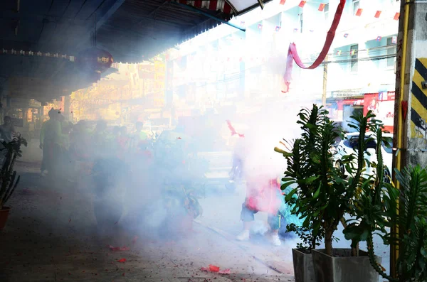 Thaise Mensen Uitgevoerd Lion Dance Parade Traditionele Chinese Cultuur Wushi — Stockfoto