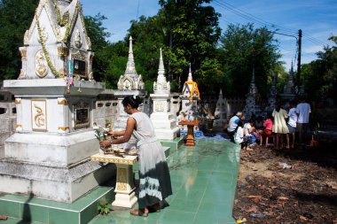 Taylandlı aile ritüeli, 14 Ekim 2023 'te Phatthalung Tayland' da düzenlenen Onuncu Ay Ayı Festivali 'nde ya da Wat Khuan Maphrao Tapınağı' nda Sat Duan Sip festivalinde atalarımıza yemek sunar.