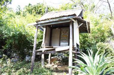 Hasarlı ahşap tapınak antik Hindu Vishnu tanrısı Tayland 'ın Lopburi kentindeki Wat Khao Sanam Chaeng Tapınağı' na seyahat eden gezginler ve dua edenler için.