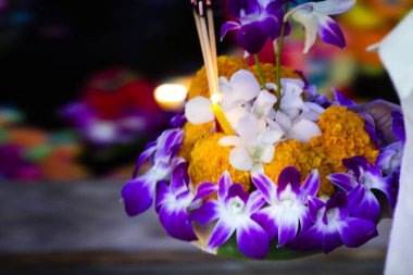 Tayland 'a seyahat eden insanlar Loy Krathong festivaline katılıp Ganj meleği veya Tayland, Nonthaburi' deki Bangbuathong 'daki Khongkha su Tanrıçası' nın affı için nehirde yüzen ayin teknesine katılıyorlar.